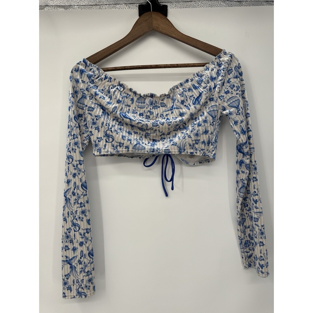 Coquette Blue Toile Ruched Drawstring Crop Top Milkmaid Corset Long sleeve - Picture 7 of 9